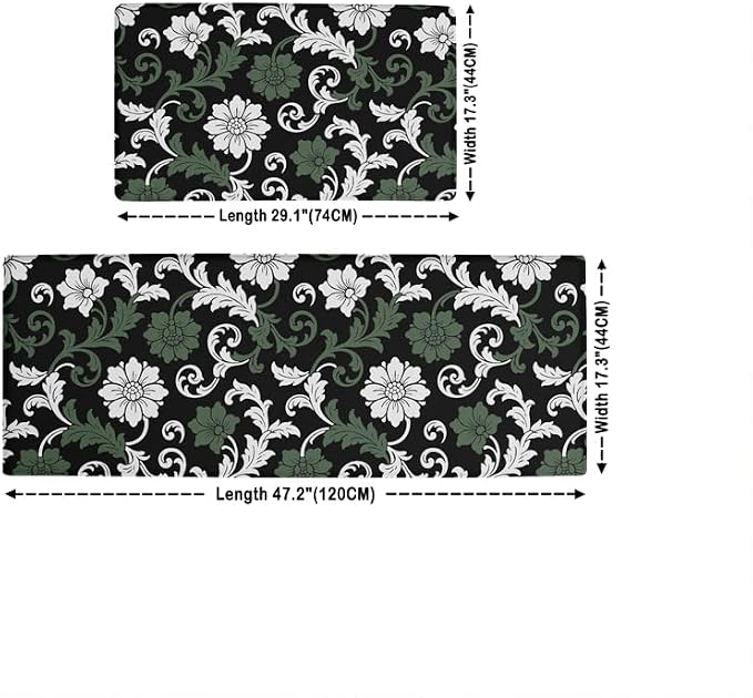 Feelyou Boho Kitchen Rugs Sets 2PCS，Floral Kitchen Mats for Floor，Paisley Cushioned Anti Fatigue，Retro Waterproof Non-Slip Rugs for Office Laundry Room Decor Accessories 17.3"x28"+17.3"x47"inch