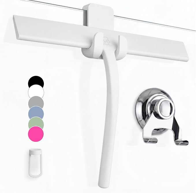 Silicone Shower Squeegee with 3-in-1 No-Drill Mount, White, 11'' | Squeegee for Glass Doors & Mirrors with Stainless Steel Core, Streak-Free & No-Squeak Window Cleaning, Hook/Suction/Adhesive
