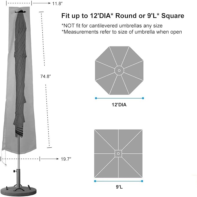 OKPOW Patio Umbrella Cover Waterproof: Fit 9ft to 12ft Outdoor Umbrellas | 420D Oxford with Long Zipper, Protect Umbrella from Sun, Rain, Snow & Dust, Helping Extend Outdoor Umbrella's Life