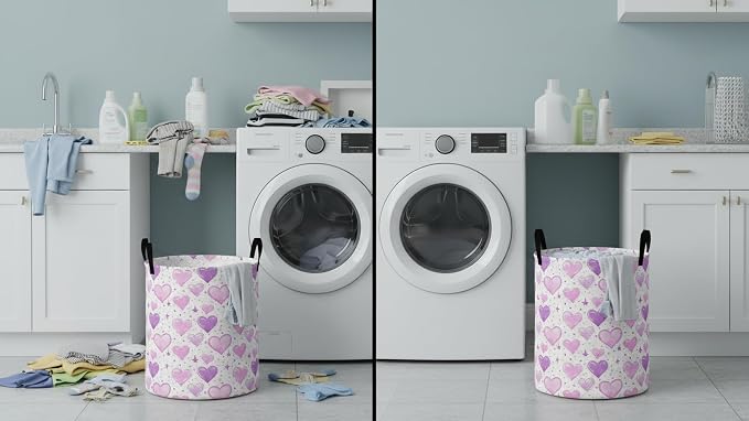 Collapsible Round Storage Basket,Waterproof Soft-Sided Organizer,Laundry Basket(Watercolor Heart)
