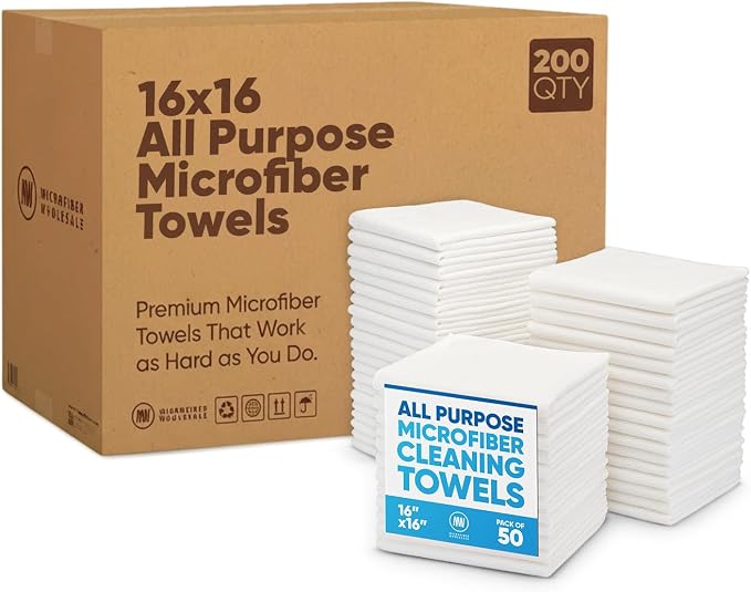 Microfiber Wholesale Bulk 16" x 16" All Purpose Towels Case Quantity (200 Count) | Large | No Fraying | High Density Microfiber | Zero Chemical Cleaner | Long-Lasting (White)