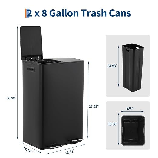 Dual Compartment Trash Can 60L (2x30L), Stainless Steel Recycling Bin with Removable Buckets, Soft Close Odor-Sealing Lid, Collapsible Pedal, Fingerprint Resistant for Home Kitchen or Office