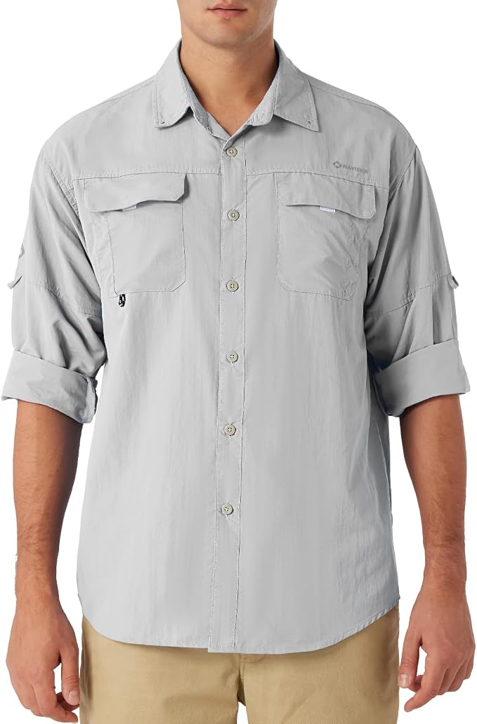 NAVISKIN Men's UPF 50+ Sun Protection Long Sleeve Fishing Shirts | UV Protective, Quick Dry, Vented Back, Utility Pockets, Roll Up Sleeves, Lightweight PFG Shirts For Hiking Camping Safari