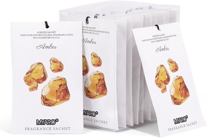 MYARO 12 Pack Amber Scented Sachets, Closet Deodorizer Car Air Freshener | Long-Lasting Sachet Bag, Odor Eliminator for Closet, Drawer, Bathroom, Clothes, Fabric Refresher, Home Fragrance Gift Set