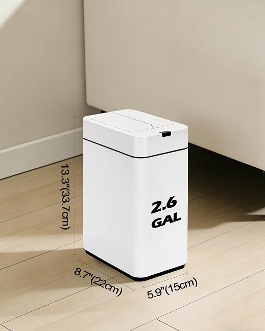 ELPHECO Slim Bathroom Trash Can with Lid 2.6 Gallon Smart Trash Can White | Motion Sensor Butterfly Lid Garbage Can Automatic Stainless Steel Wastebasket Bathroom Decor for Bedroom Office Toilet