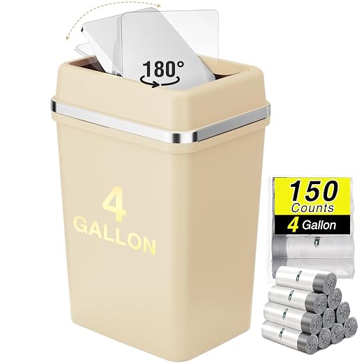 Bathroom Trash Can with Lid 4 Gallon Trash Can Beige Trash Can with Swing Lid Small Garbage Can with 150 Counts Trash Bags for Bathroom Bedroom Office Restroom Dorm