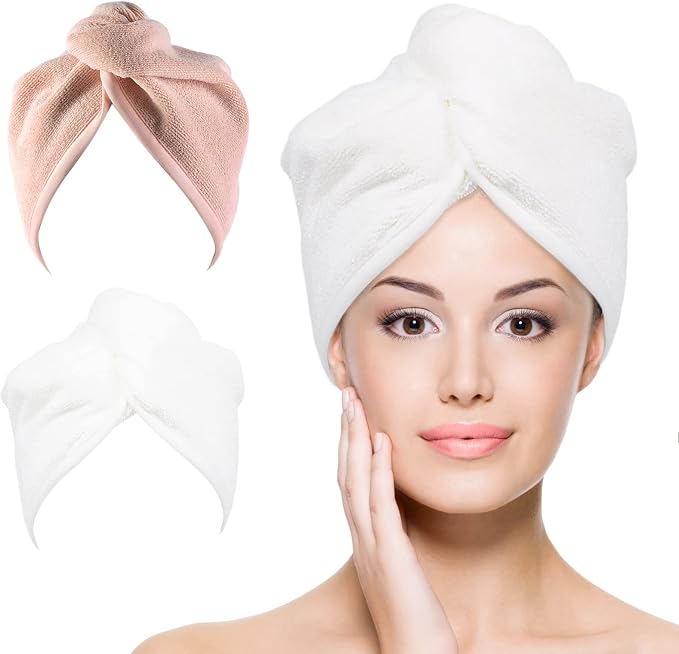 Microfiber Hair Towel Hair Wrap: 2 Pcs 10X26 Hair Dryer Women (White Beige) | Absorbent Turban Twist Drying Shower Cap Curly Hairs Products for Hair's Care Accessories