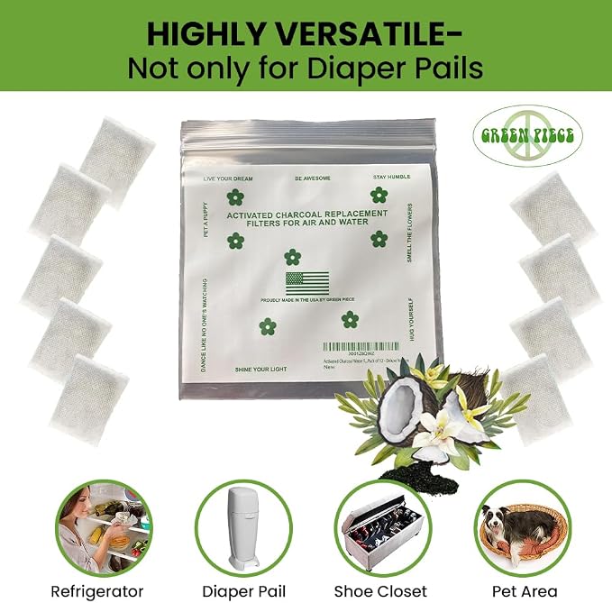 Green Piece® Pack of 12 +1 - Compatible with Diaper Genie - All Natural Baby Diaper Pail Deodorizer - Overstuffed - Activated Charcoal Air Purifier - * Made by Green Piece in the USA *
