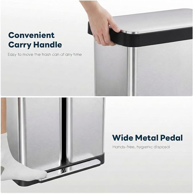 ComfyCorner 16 Gallon Dual Compartment Trash Can, Step-On Garbage Bin | Stainless Steel Hands-Free Recycling Rectangular Dustbin with Soft-close Lid, Removable Inner Buckets, for Kitchen Home