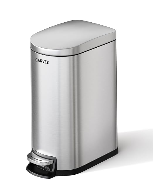 Garvee 2.6 Gallon / 10L Slim Stainless Steel Bathroom Trash Can with Lid, Step-On Pedal, Soft Close, Inner Bucket, Waterproof Small Garbage Bin for Bedroom, Silver