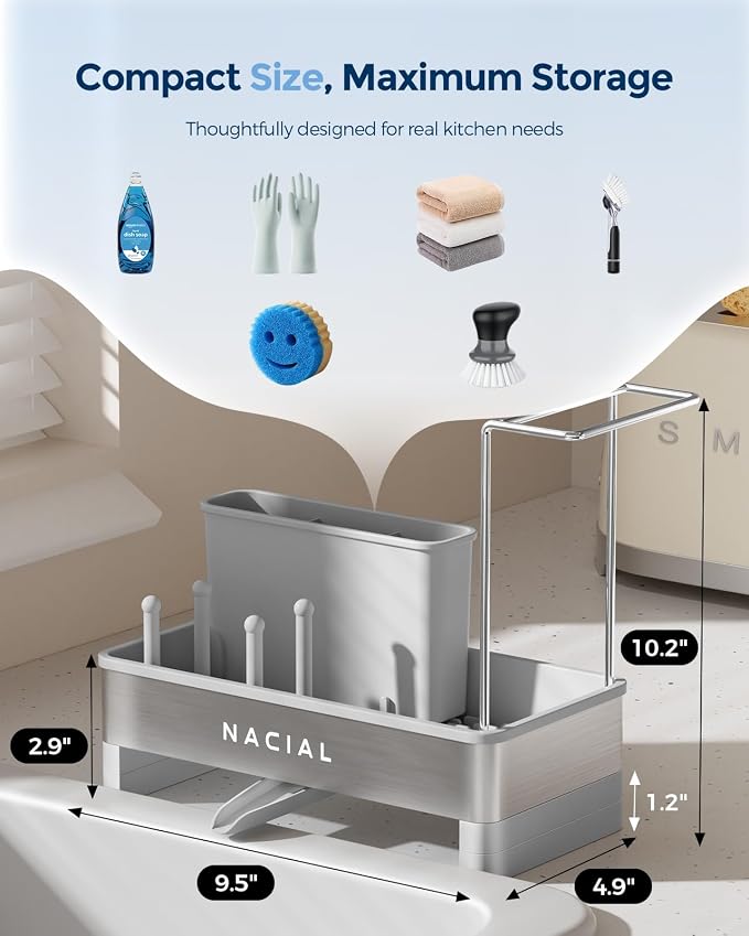Nacial Kitchen Sink Organizer, Sink Caddy with Sponge & Tall Brush Holder | 304 Stainless Steel Kitchen Countertop Organizer with Double-Bar Towel Holder, Stores Sponge, Brush, Towel & Sink Essentials