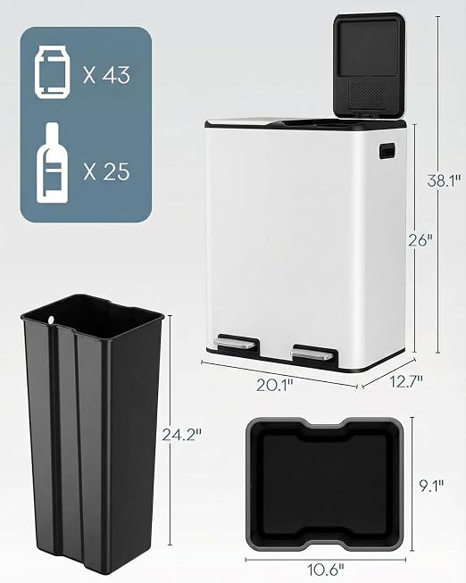 ComfyCorner 16 Gal (2 x 30 L) Dual Trash Can with Odor Control Box | Stainless Steel Kitchen Garbage Bin, Recycle Dustbin with Soft-Close Lid,Inner Buckets,Side Handle,Step Pedal,for Home Office