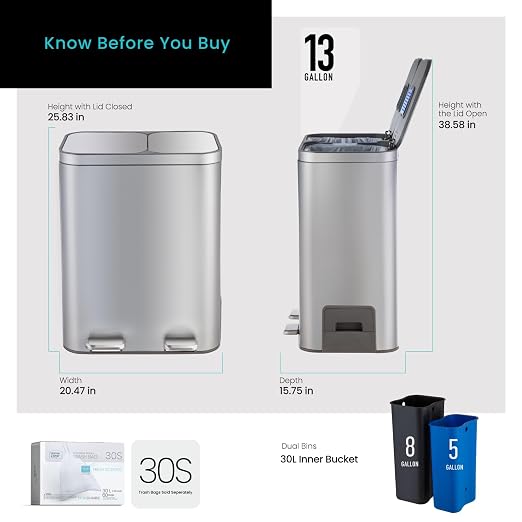 Home Zone Living 13 Gallon Kitchen Trash Can with Dual Compartments | Stainless Steel with Soft-Close Step Pedal Lids for Recycling and Bag Storage Drawer, Rectangular Design, Silver