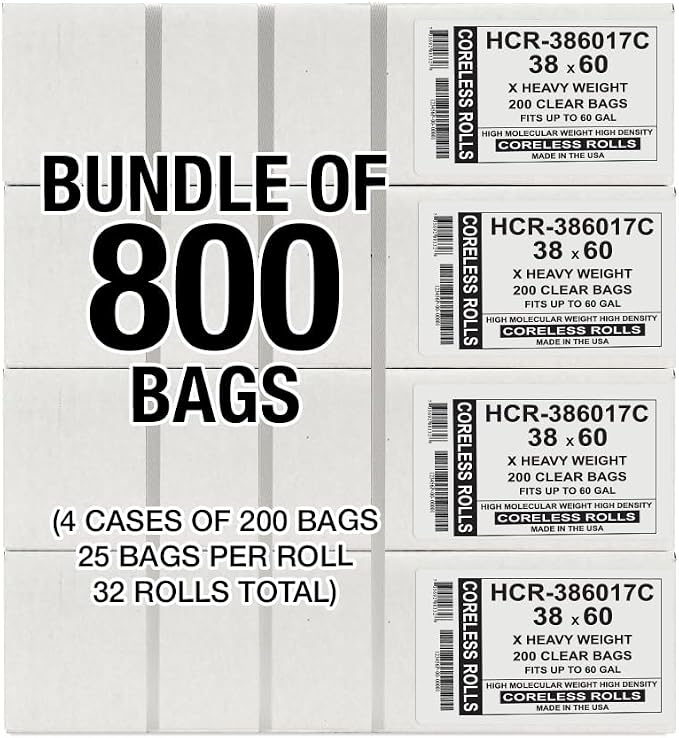 Aluf Plastics 60 Gallon 17 Micron (eq) Clear Trash Bags 38" x 60" 800 Count