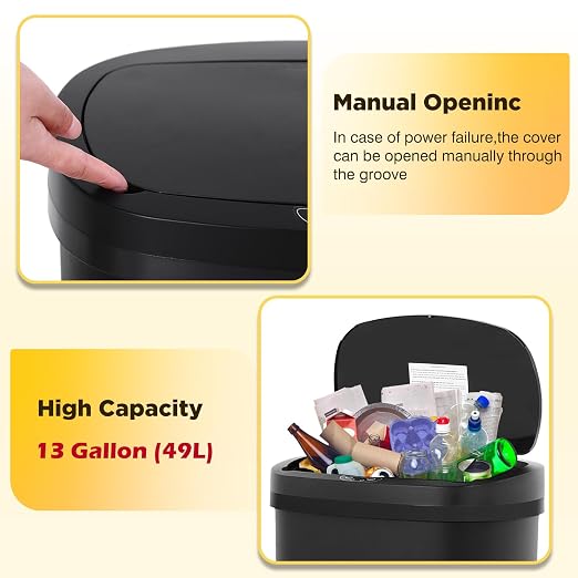 BestOffice | 13 Gallon Plastic Trash Can with Lid | Dark Black | Automatic Touchless Garbage Can | Odor Control | Modern Oval Design | Easy to Clean | For Kitchen, Bathroom, Office or Home