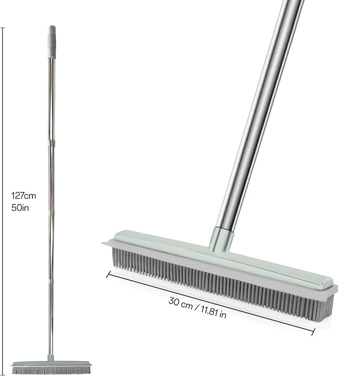 50" Carpet Rake Pet Hair Removal, Rubber Broom with Built-in Squeegee,Green | Multi-Surface Rubber Broom with Built in Squeegee Edge, Sweeps up Fur, Hair, and Debris on Tile, Wood, Vinyl, and Carpet