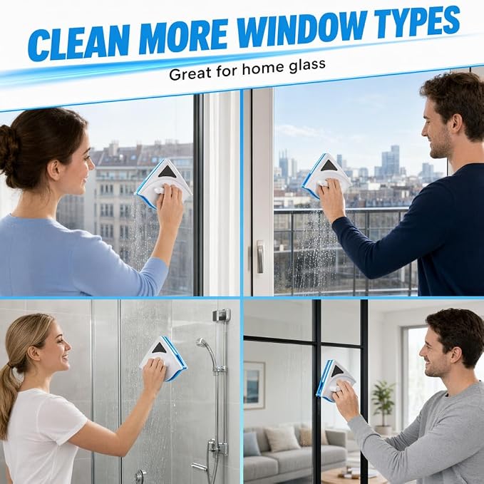 Double Sided Magnetic Window Cleaner, Magnetic Window Cleaner Tool for 3-8mm Glass, Triangle Glass Cleaning Wiper with Safety Rope, Magnetic Glass Cleaner for Home Windows (2pcs)
