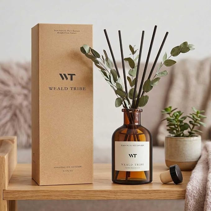 Eucalyptus & Mint Scent Reed Diffuser Set for Bathroom Room Decor | Air Fresheners Oil Diffuser Sticks With Flower | 4.0 fl oz Home Fragrance With Sticks Defusers For House Bedroom Office Shelf