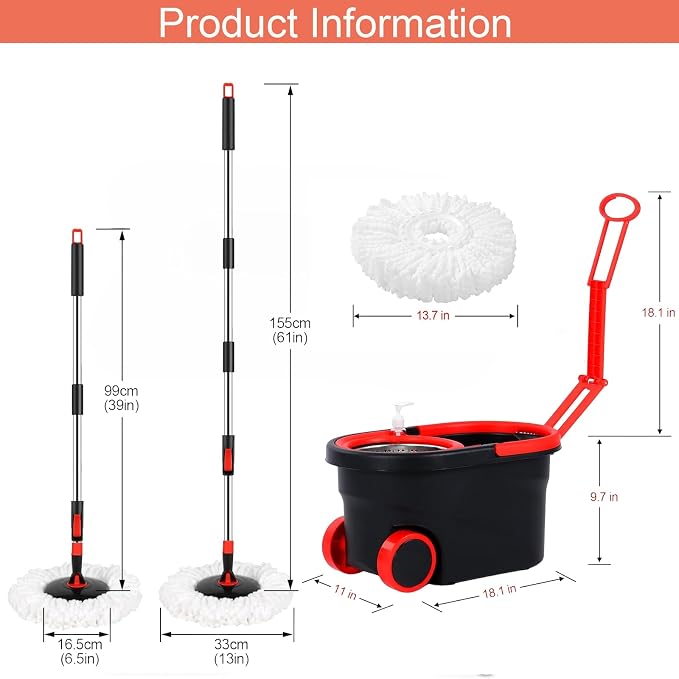 Spin Mop and Bucket with Wringer Set on Wheels,360° Spinning Mop Bucket System for Floor Cleaning, Mop and Bucket Set with 3 Microfiber Mop Replacement Heads and 61" Stainless Steel Adjustable Handle