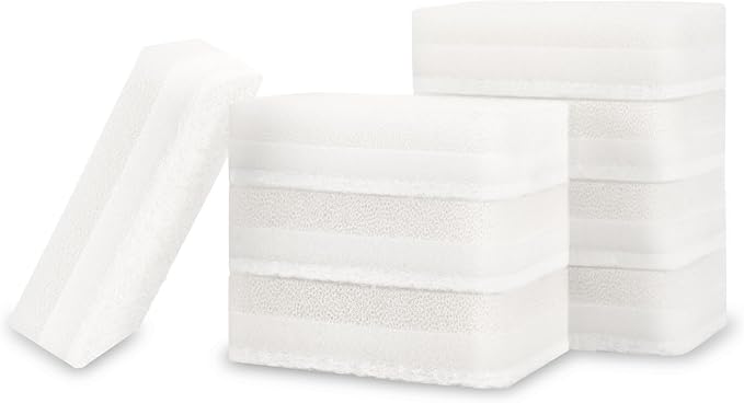 S&T INC. Dish Sponge, 4.3" x 2.8" x 1", 8 Pack, White | 3 Layer Design, Refill Sponge Pack, Gentle Clean for Pots and Pans, Scouring Pad for Tough Messes in Kitchen and Home