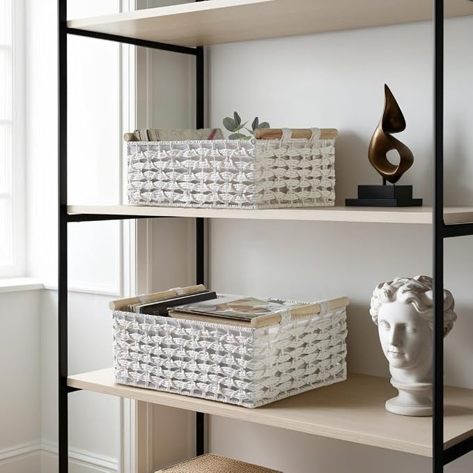 DECOMOMO White Wicker Baskets, Back of Toilet Basket | Bathroom Basket Organizer, Countertop, Home Decor (Set of 2, White)