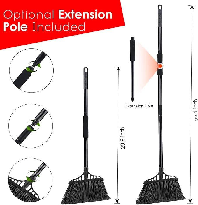 Tiumso Heavy Duty Broom Commercial Indoor/Outdoor Broom 55Inch | with Stiff Bristles for Garage, Patio, Kitchen, Sidewalk, Wood, Tile, Concrete, Home cleaning（black ）