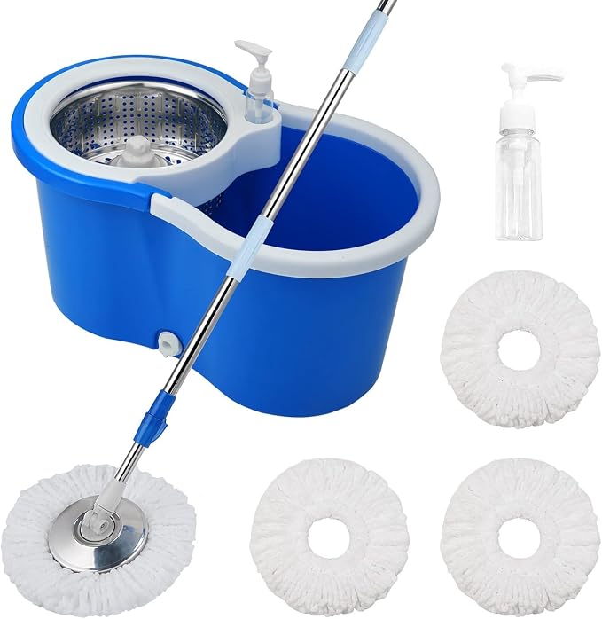 Spin Mop and Bucket with Wringer Set, 3 Microfiber Mop Heads, 61" Handle | 360° Spinning Mop System with Stainless Steel Adjustable Handle & 3 Microfiber Replacement Heads for Floor Cleaning