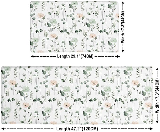 Feelyou Boho Floral Cushioned Kitchen Mats for Floor 2PCS Spring Tropical Leaves Waterproof Non Slip Kitchen Rugs for Kitchen, Office, Modern Farmhouse Abstract Flower, 17.3"x28"+17.3"x47"inch