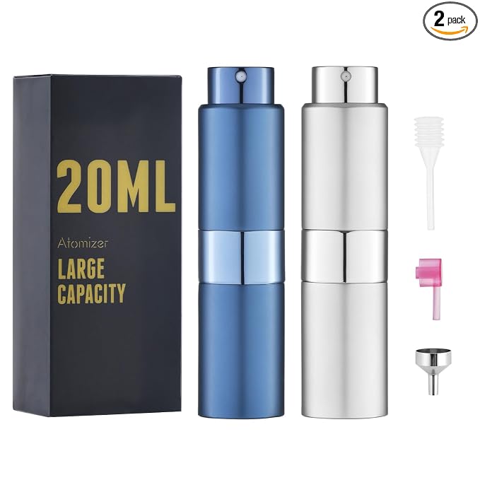 Travel Perfume Bottle Refillable 20ml, Cologne Spray Atomizer Large, 2PCS | Empty spray for fragrance, leak proof, mini size, twist up, portable, refill small decanter, for men & women, TSA friendly