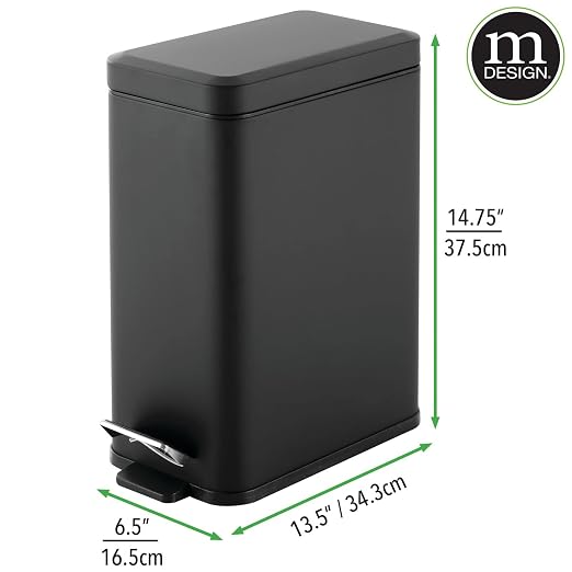 mDesign Pedal Bin — Waste Bin with Pedal, Lid and Plastic Bucket Insert for Bathroom, Kitchen, and Office — Metal Household Rubbish Bin with Ergonomic Design — Black