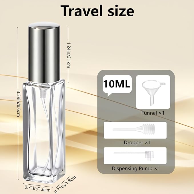 Perfume Travel Refillable, 6 Pcs 10 ml Glass Atomizers (Silver) | Leak-resistant fine mist spray, mini perfume bottle set with filling tools, portable for travel, gym, office and daily use