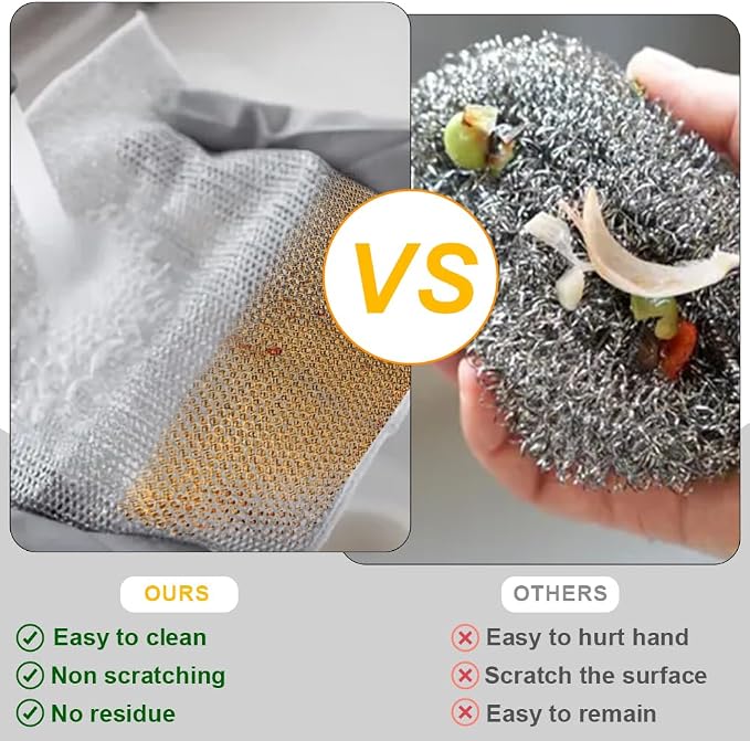 Silver Mesh Dish Cloths (3 Layer) – Non Scratch, Odor Free, Quick Dry Wire Cleaning Pads for Sinks, Dishes, Stove Top | Multipurpose Reusable Metal Scrubbers | 10 Pack