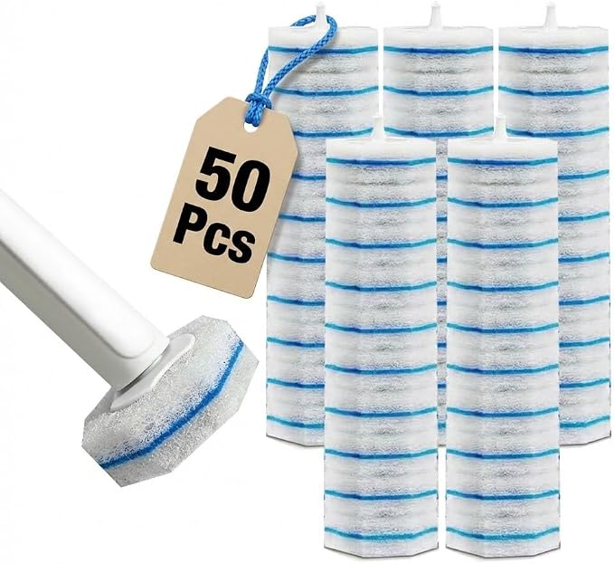 Disposable Toilet Brush Cleaning Supplies, Toilet Bowl Cleaner and Holder Set with 50 Toilet Cleaning Wand Refill Pads, Bathroom Maintenance Wall Mounted Toilet Cleaner Kit (White+Blue)