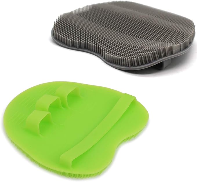 2 Pack Soft Silicone Shower Brush, Body Exfoliating Skin Massage Scrubber | Body Wash Bath Dry Skin Brushing Glove Loofah, Fit for Sensitive and All Kinds of Skin(Gray+green)