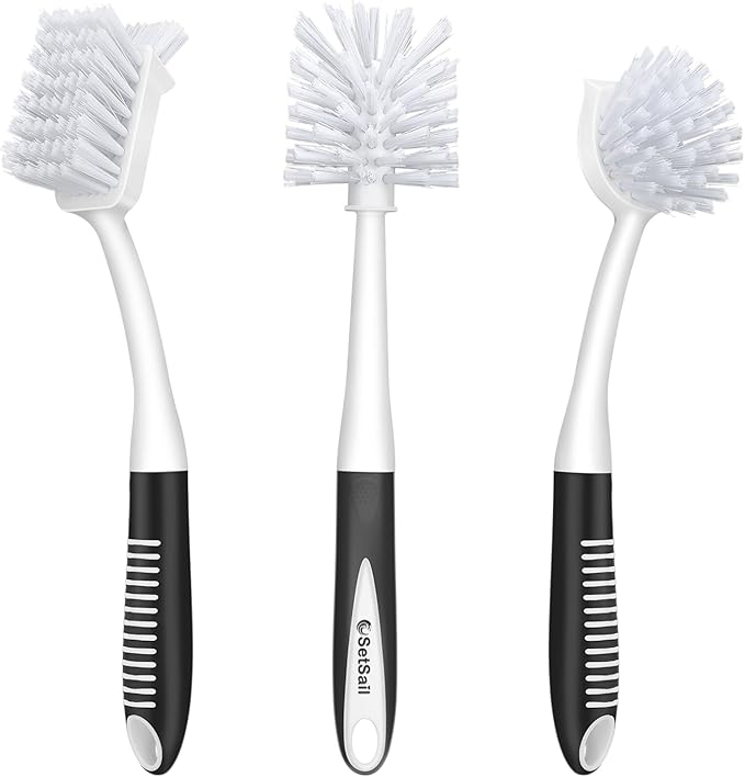 SetSail Dish Brush Set of 3 with Bottle Brush, Dish Scrub Brush with Long Handle Deep Cleaning Handle Brush with Scraper Tip for Kitchen Sink Dishes Bottle Cup Pot and Pans Tile Lines, Black | Built-In Scraper Tip, Non-Slip Rubber Handle, Pet Stiff Bri...