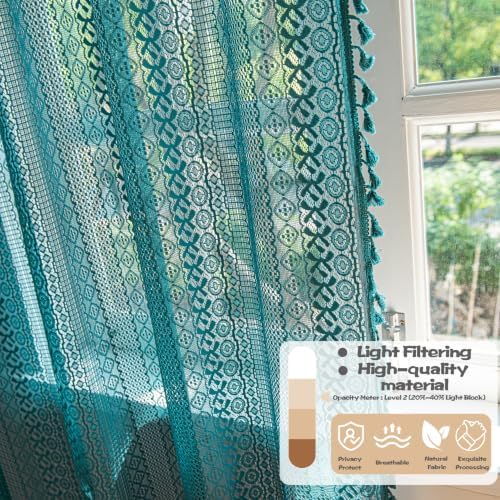 Sutuo Home Boho Curtains 96 inches Long for Bedroom Living Room Nursery Room, Crochet Lace Sheer Bohemian Hollow with Tassels,Window Treatment Drapes, Rod Pocket 1 Panel 59" W x 96" L, Turquoise