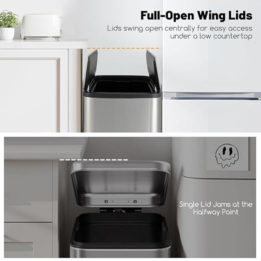 Goplus 12 Gallon Stainless Steel Trash Can, Kitchen Waste Bin with Soft-Closing Wing Lids & Removable Inner Bucket, Slim Step Garbage Can for Living Room Home Office, Silver