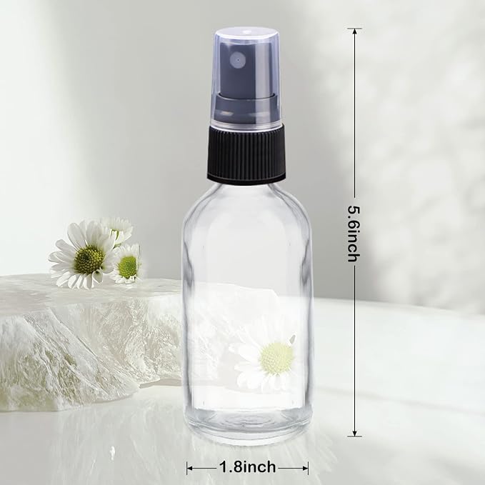 4 oz Mini Glass Spray Bottles, Empty Small Spray Bottles with Funnel Dropper, Fine Mist for Hair, Travel, Plants, Cleaning Solutions and Skin Care (4 Pack Clear)