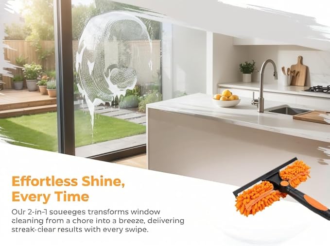 2-in-1 Window Cleaning Squeegee and Scrubber Kit, All-in-One Glass Cleaning Tool with Squeegee and Detachable Chenille Scrub Cloth Head, Streak-Free Window Washer for Home, Car, and High Windows