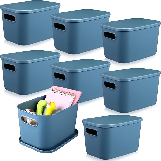 Hoolerry 8 Pack Storage Bins, 16.1 X 12.0 X 9.7 Inch Blue | Plastic Stackable Containers with Lid Handle, For Shelves Desktop Playroom Office, Organizing Toys Books Supplies Storage