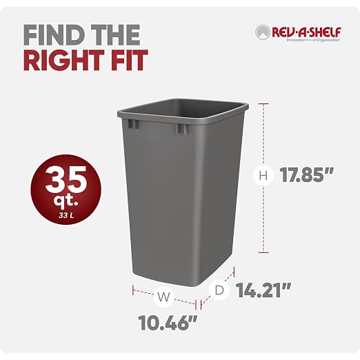 Rev-A-Shelf Double Pullout Garbage Trash Cans for Kitchen Cabinets, 35 Qt | Replacement Large Capacity Waste/ Recycling Bins for Kitchen Cabinet Pullouts, Gray, RV-35-13-2