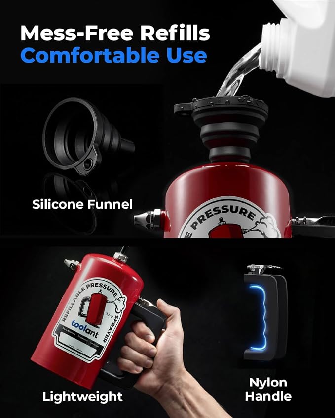 toolant 32oz Refillable Pressurized Sprayer, 200 PSI Max, Red | Brake cleaner and solvents, rust-resistant steel canister, leak-resistant needle valve, dual 1.0/0.6 mm nozzles & funnel