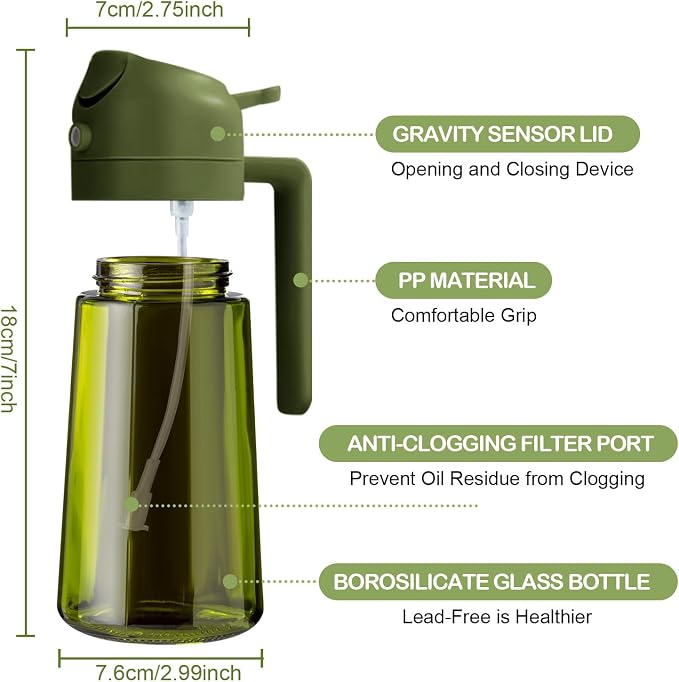 YARRAMATE 16 oz 2-in-1 Dark Glass Oil Sprayer & Dispenser, BlackOliveGreen | Light-blocking dark green glass, food-grade spray and pour bottle for cooking, air fryer, salad and BBQ