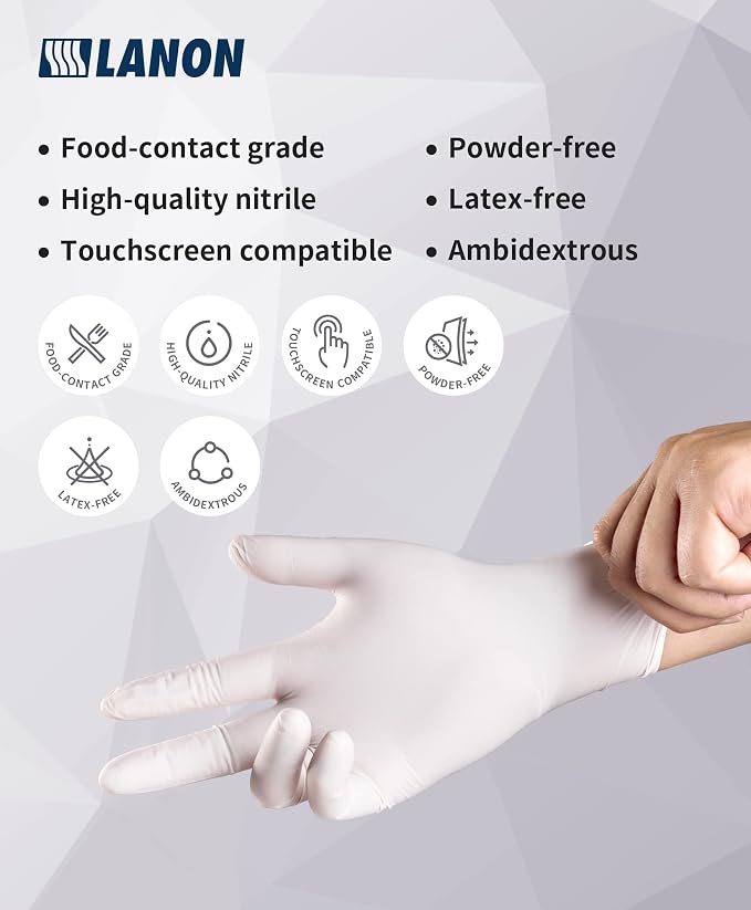LANON Food Safe White Disposable Nitrile Gloves, Latex-Free, Powder-Free, Textured Fingertips, Cooking, Cleaning, Large