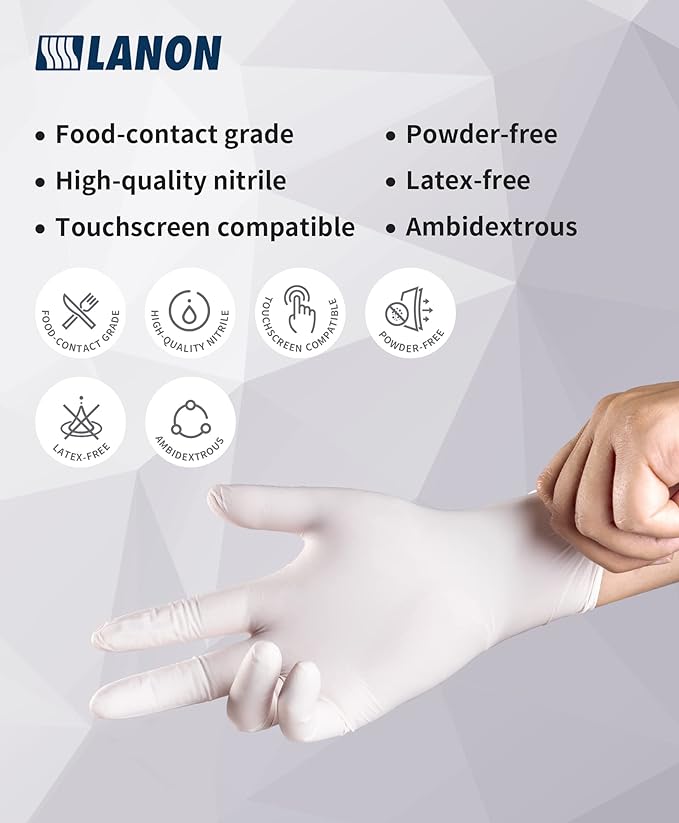 LANON Food Safe White Disposable Nitrile Gloves, Latex-Free, Powder-Free, Textured Fingertips, Cooking, Cleaning, Medium