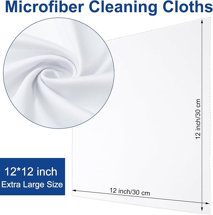 Frienda 12 Pack Microfiber Cleaning Cloth,White | 12x12 Inch Large for Eyeglasses Screen Lens, Reusable Washable, Streak-free Lint-free, Cameras Phones Tablets Monitors