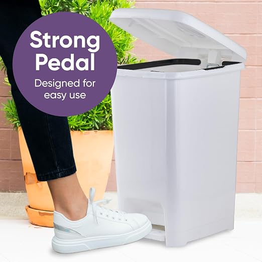 Superio Slim Step On Pedal Plastic Trash Can, Waste Bin for Under Desk, Office, Bedroom, Bathroom, Kitchen (10.5 gal) (White Smoke, 2 Pack)