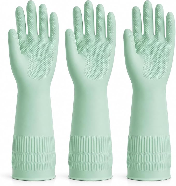 Rubber Dishwashing Gloves, Reusable Cleaning Gloves with Long Cuffs