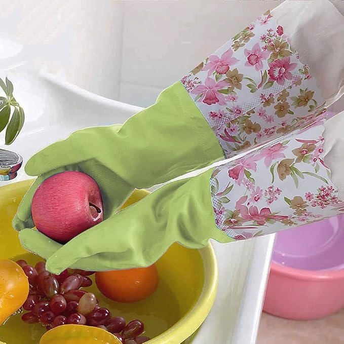 Rubber Latex Waterproof Dishwashing Gloves,Long Cuff and Flock Lining Household Cleaning Gloves 2 Pair