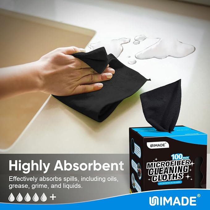 Microfiber Cleaning Cloth, 100 Sheets Microfiber Towels for Cars | Commercial Grade Washcloths Lint-Free Bulk Shop Towel Cleaning Rags for Mechanic Garage Housekeeping, 11"x 9", Black